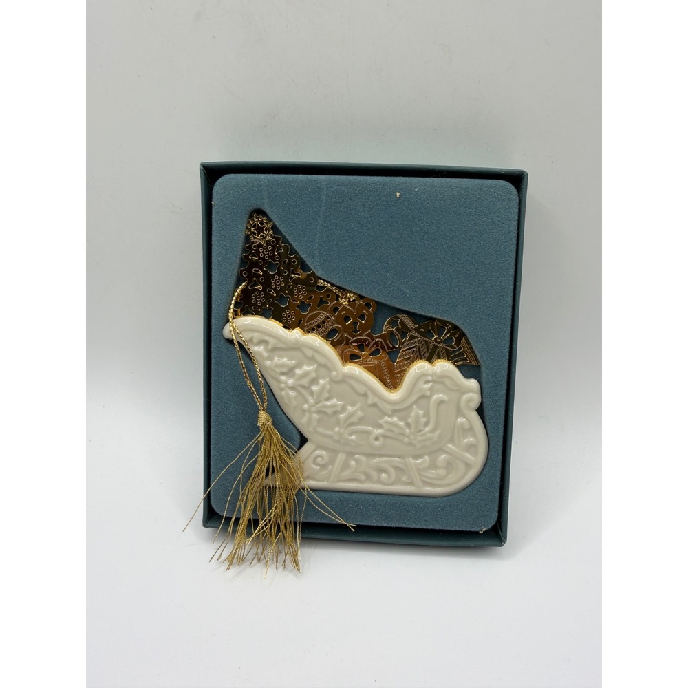 Lenox‎ Holiday Sleigh Christmas Ornament Ivory China Gold Filigree Tassel Boxed